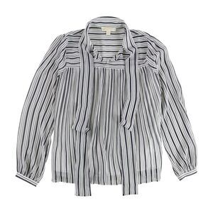 Michael Kors Womens Striped Tie Neck Pullover Blouse, whiteblue, XL